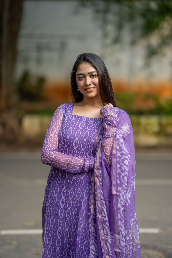 Mallika Bagru Hand Block Kota Doria Golden Zari Border Suit Sets-Pure Kota Doria handloom