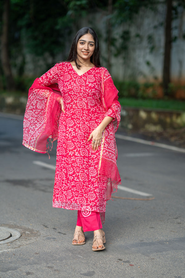 Ranjani Bagru Hand Block Kota Doria Golden Zari Border Suit Sets-Pure Kota Doria Handloom