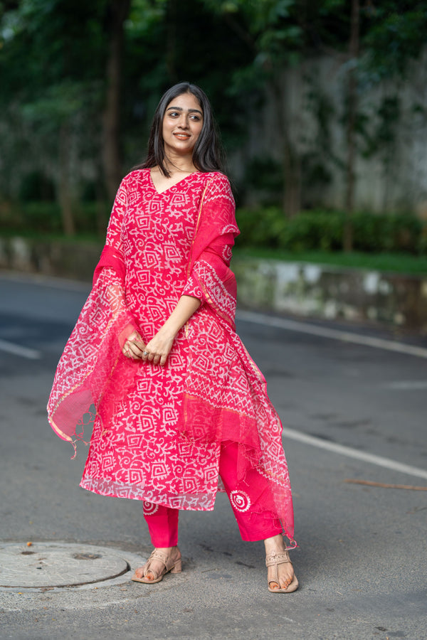 Ranjani Bagru Hand Block Kota Doria Golden Zari Border Suit Sets-Pure Kota Doria Handloom