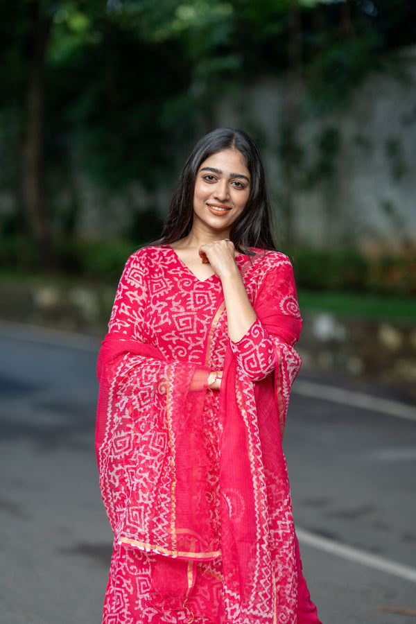 Ranjani Bagru Hand Block Kota Doria Golden Zari Border Suit Sets-Pure Kota Doria Handloom