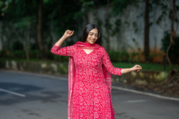 Ranjani Bagru Hand Block Kota Doria Golden Zari Border Suit Sets-Pure Kota Doria Handloom