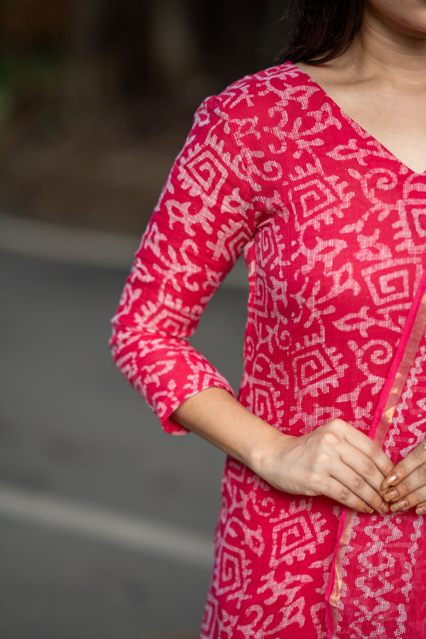 Ranjani Bagru Hand Block Kota Doria Golden Zari Border Suit Sets-Pure Kota Doria Handloom