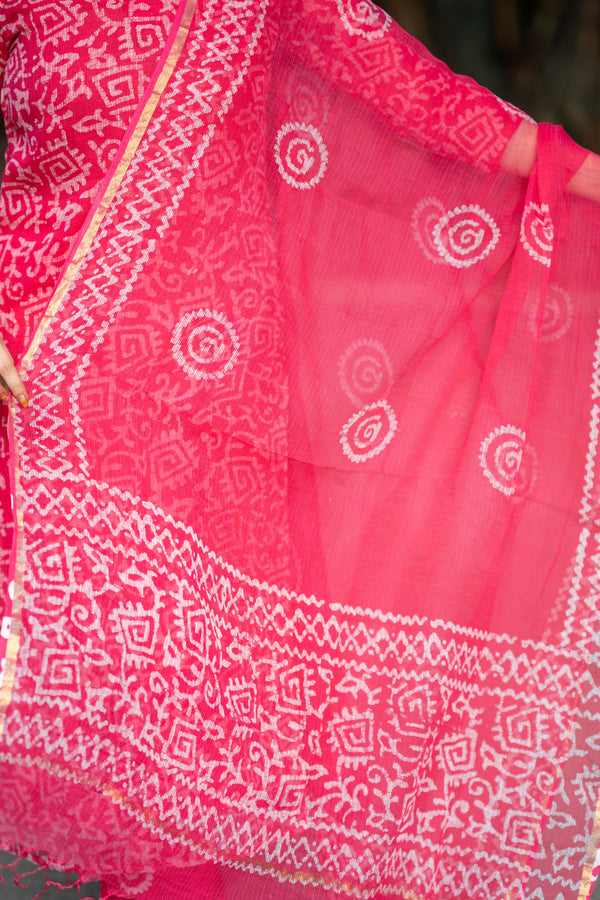 Ranjani Bagru Hand Block Kota Doria Golden Zari Border Suit Sets-Pure Kota Doria Handloom