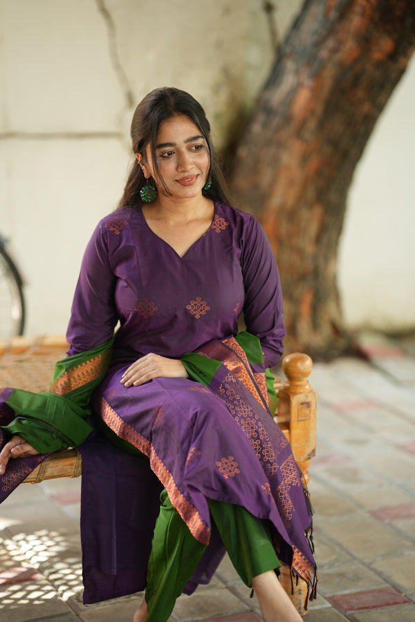 ๐ฟ โRegal Weave โ Purple & Green Pochampally Setโ