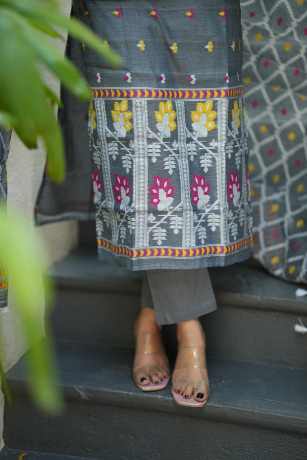 Grey Woven Grace Bloom Jamdani Charm