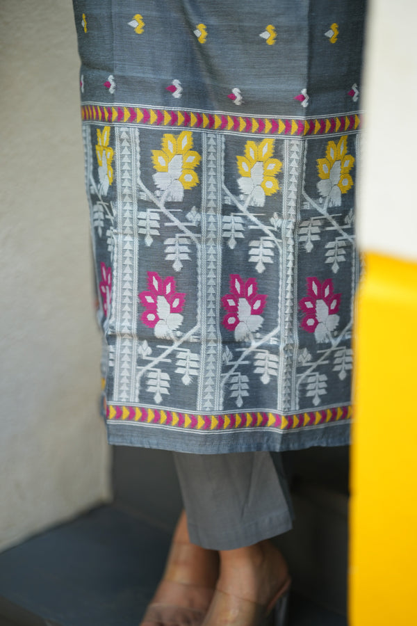 Grey Woven Grace Bloom Jamdani Charm