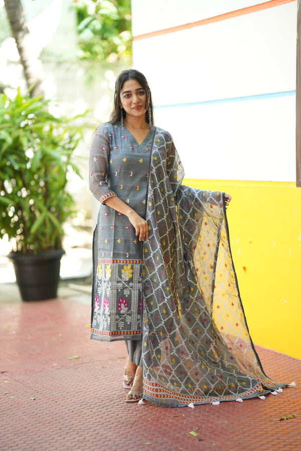Grey Woven Grace Bloom Jamdani Charm