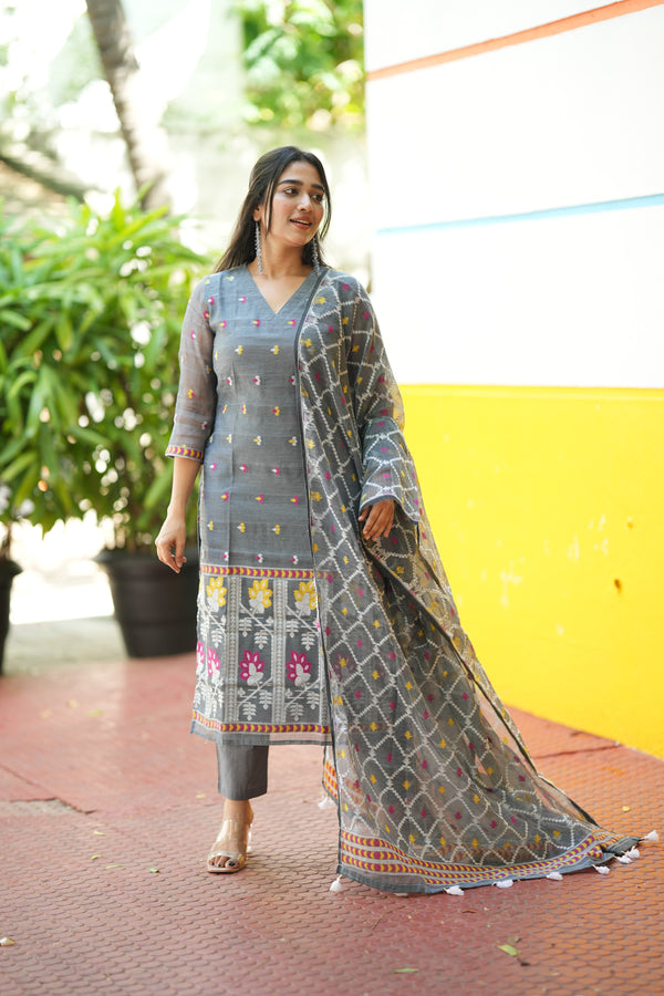 Grey Woven Grace Bloom Jamdani Charm