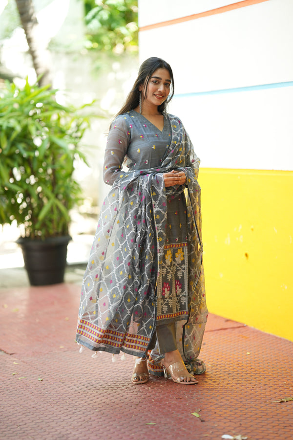 Grey Woven Grace Bloom Jamdani Charm