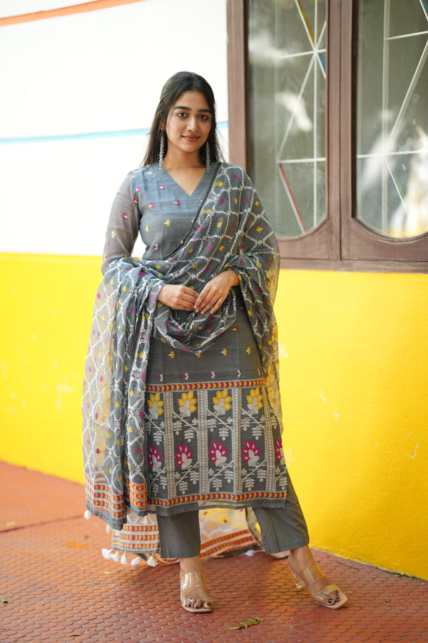 Grey Woven Grace Bloom Jamdani Charm