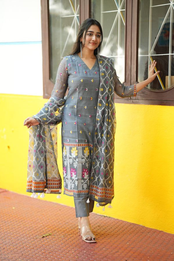 Grey Woven Grace Bloom Jamdani Charm