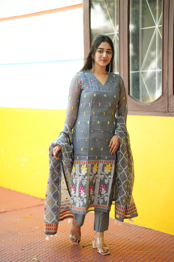 Grey Woven Grace Bloom Jamdani Charm