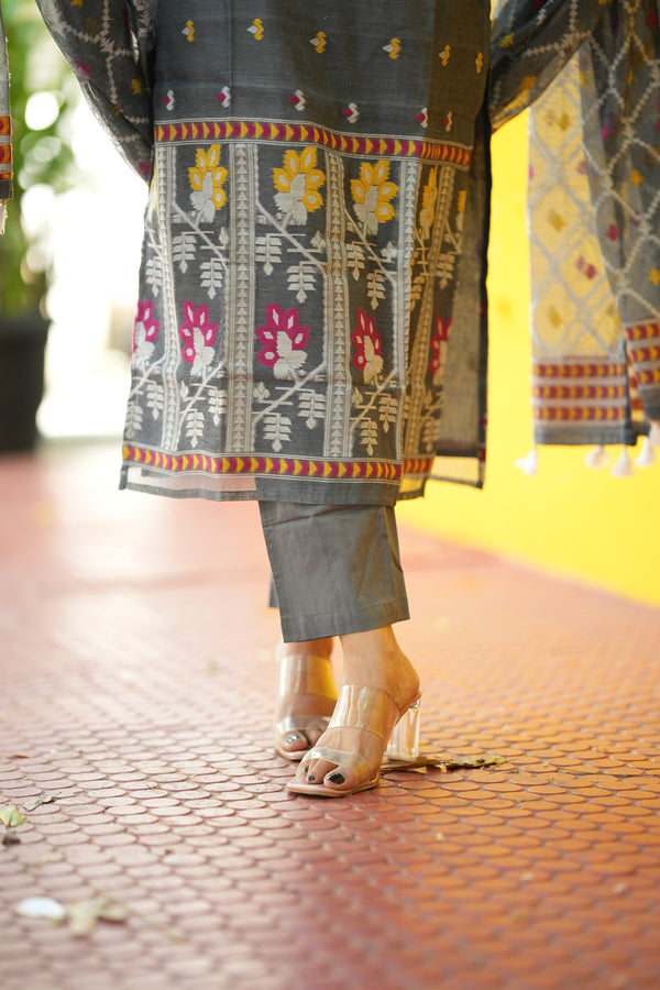 Grey Woven Grace Bloom Jamdani Charm