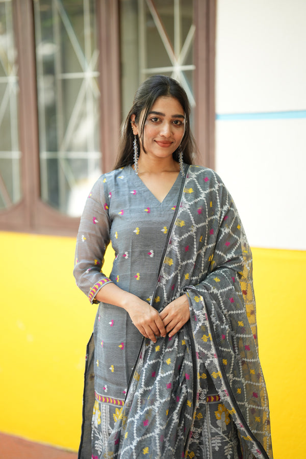 Grey Woven Grace Bloom Jamdani Charm