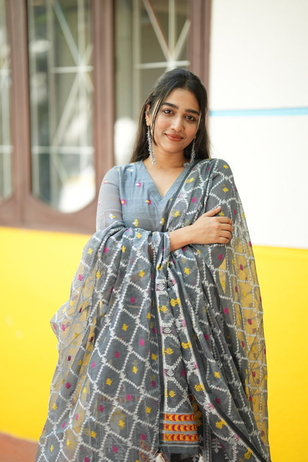 Grey Woven Grace Bloom Jamdani Charm