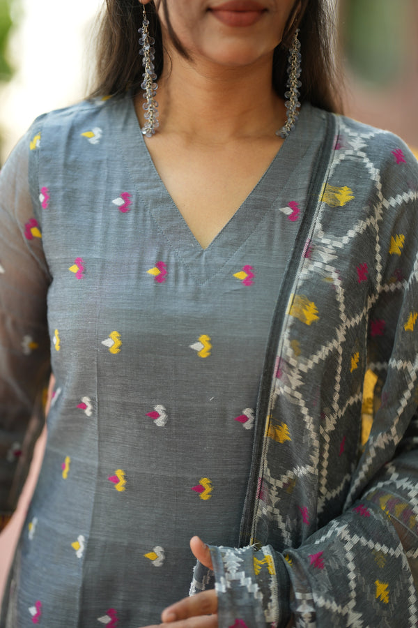 Grey Woven Grace Bloom Jamdani Charm