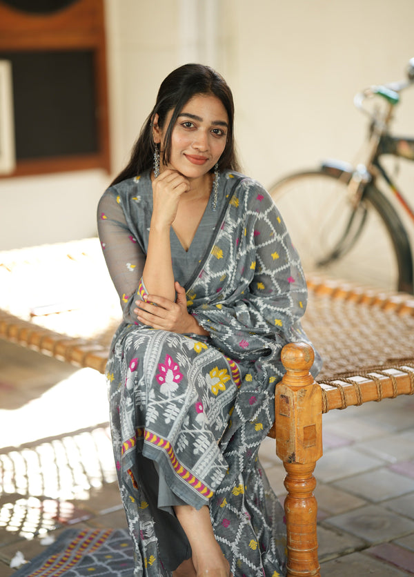 Grey Woven Grace Bloom Jamdani Charm