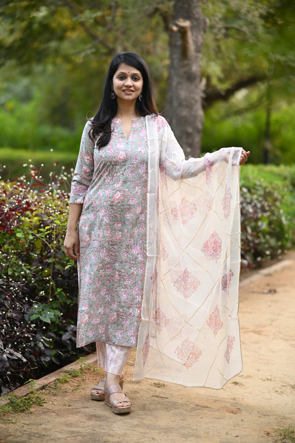 Gulraahi Hand Block Suit set with Dupatta