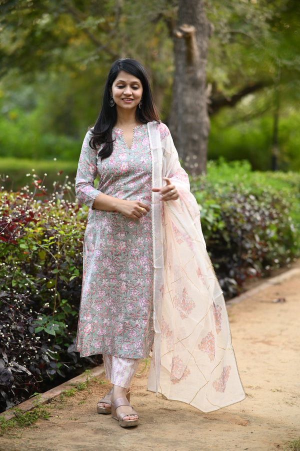 Gulraahi Hand Block Suit set with Dupatta