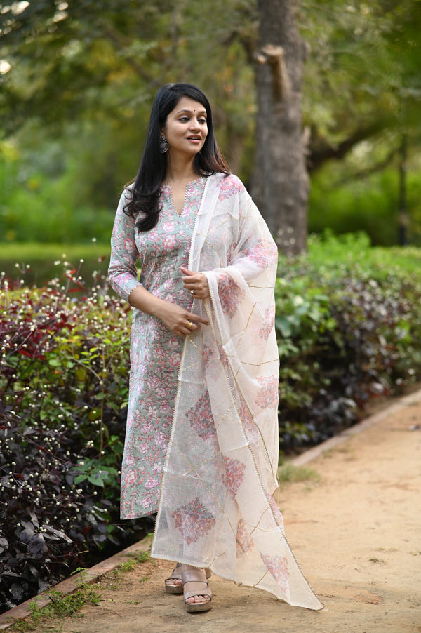 Gulraahi Hand Block Suit set with Dupatta