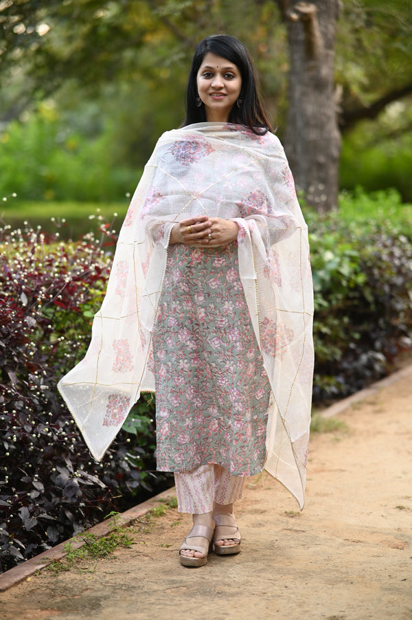 Gulraahi Hand Block Suit set with Dupatta