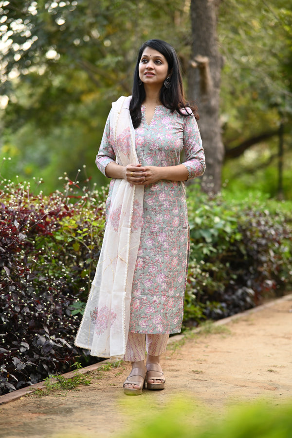 Gulraahi Hand Block Suit set with Dupatta