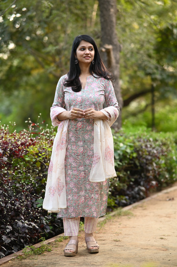 Gulraahi Hand Block Suit set with Dupatta