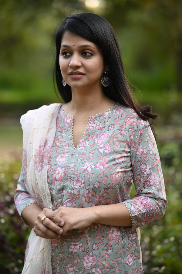 Gulraahi Hand Block Suit set with Dupatta