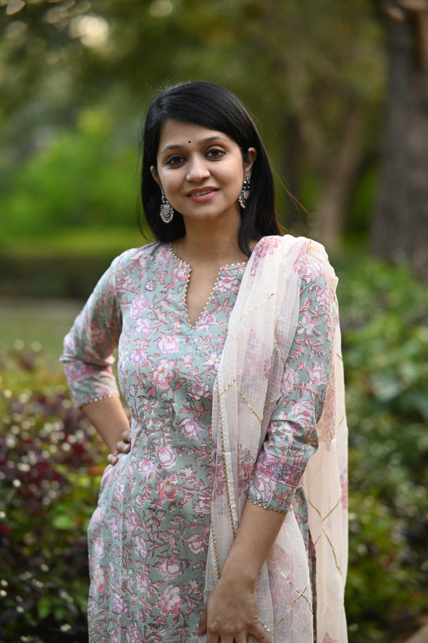 Gulraahi Hand Block Suit set with Dupatta