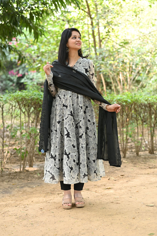Noir Blossom Chanderi Anarkali Set