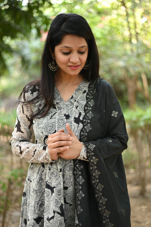 Noir Blossom Chanderi Anarkali Set