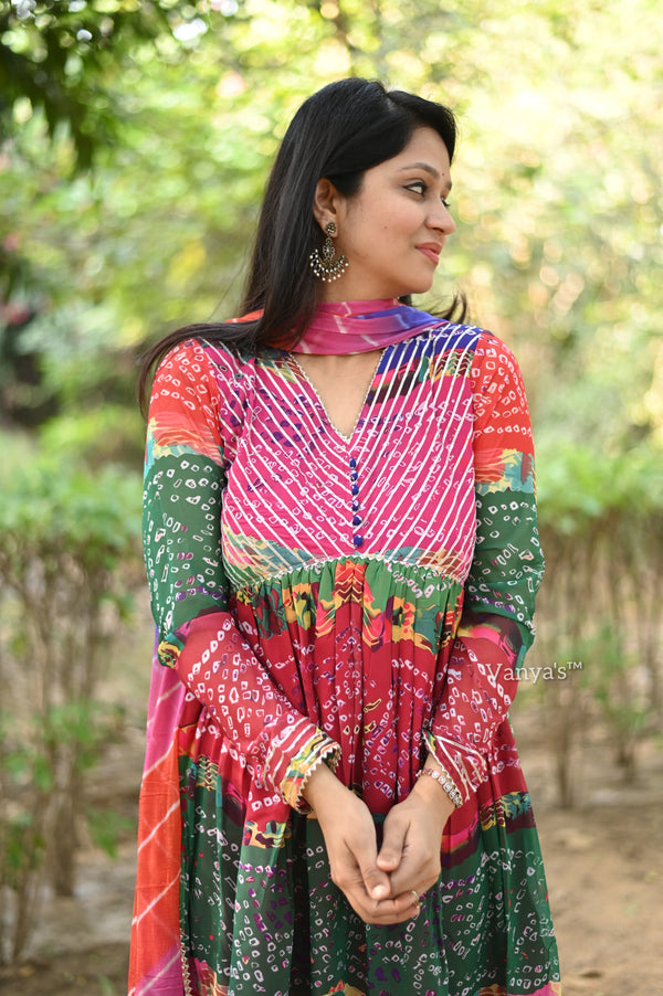 Mayuri Chiffon Bandhej Anarkali Alia suit sets