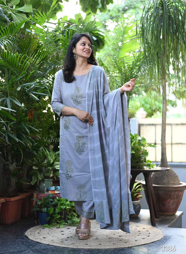Ritu Cotton Gray Schiffle Hand Block Suit sets
