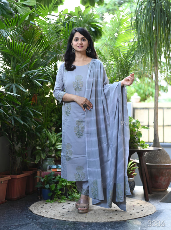 Ritu Cotton Gray Schiffle Hand Block Suit sets