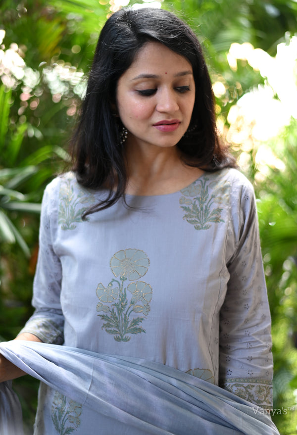 Ritu Cotton Gray Schiffle Hand Block Suit sets