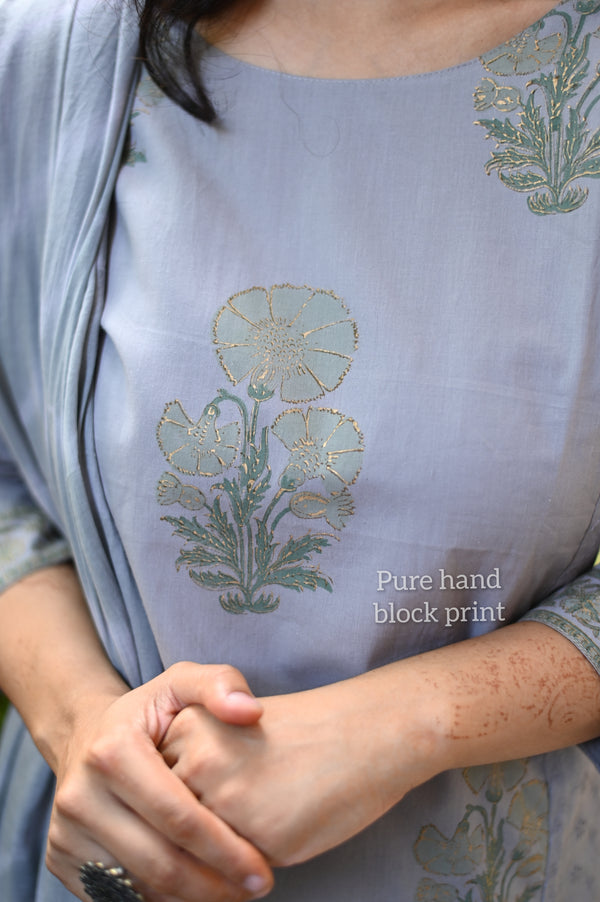 Ritu Cotton Gray Schiffle Hand Block Suit sets