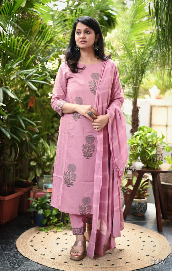 Ritu Cotton Pink Schiffle Hand Block Suit sets