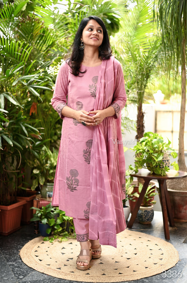 Ritu Cotton Pink Schiffle Hand Block Suit sets