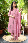Ritu Cotton Pink Schiffle Hand Block Suit sets
