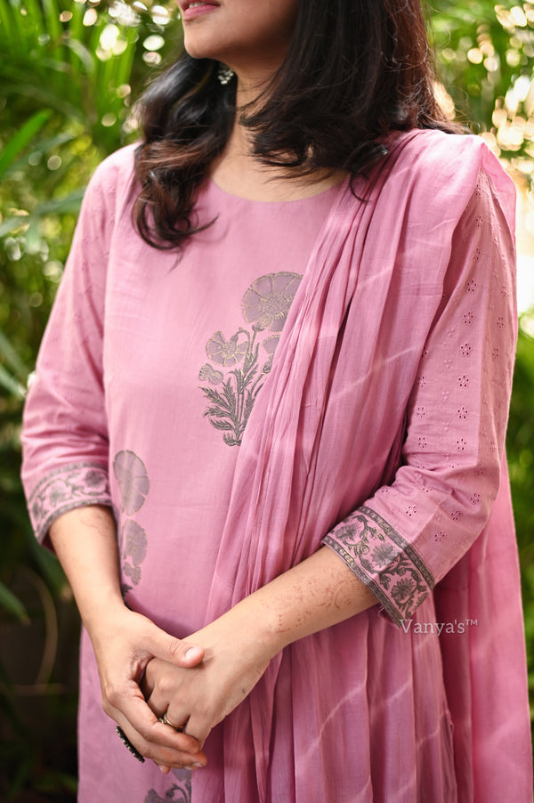 Ritu Cotton Pink Schiffle Hand Block Suit sets