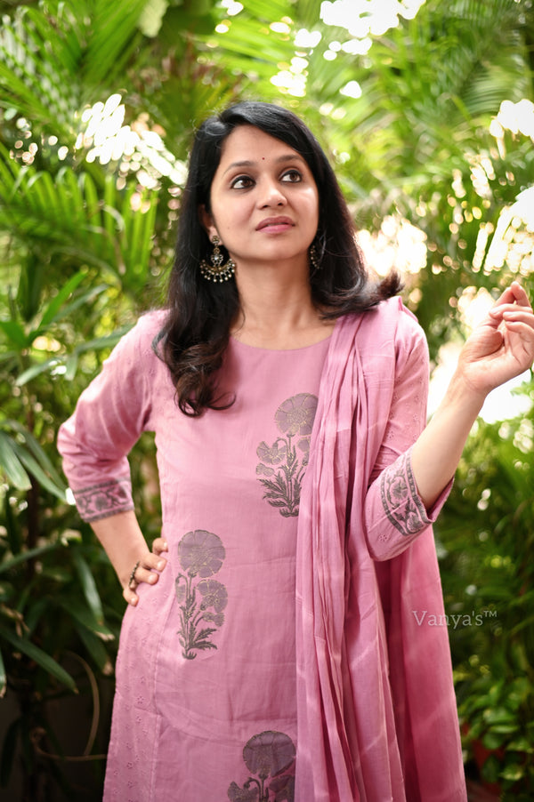 Ritu Cotton Pink Schiffle Hand Block Suit sets