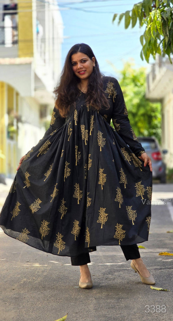 Kalini Black Gold Hand Block Anarkali Suit Sets