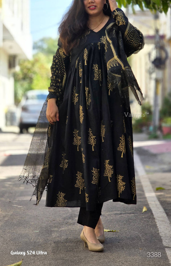 Kalini Black Gold Hand Block Anarkali Suit Sets