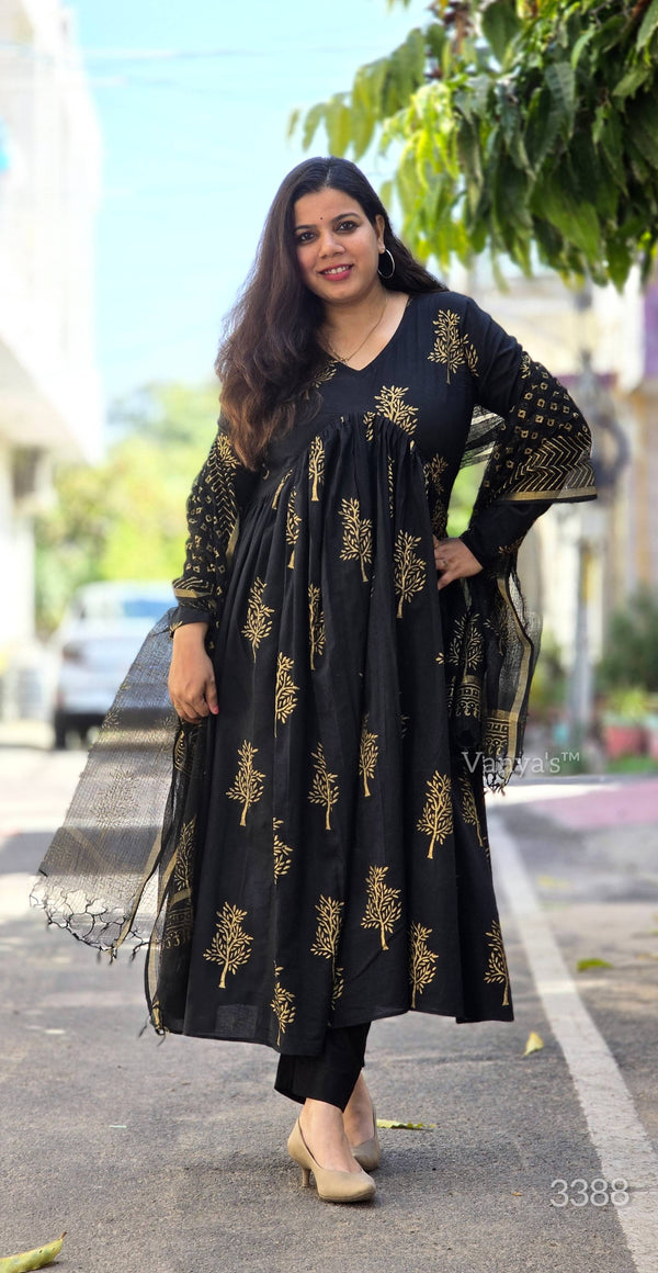 Kalini Black Gold Hand Block Anarkali Suit Sets