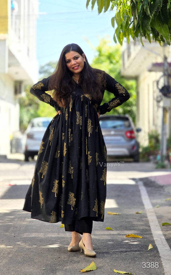 Kalini Black Gold Hand Block Anarkali Suit Sets