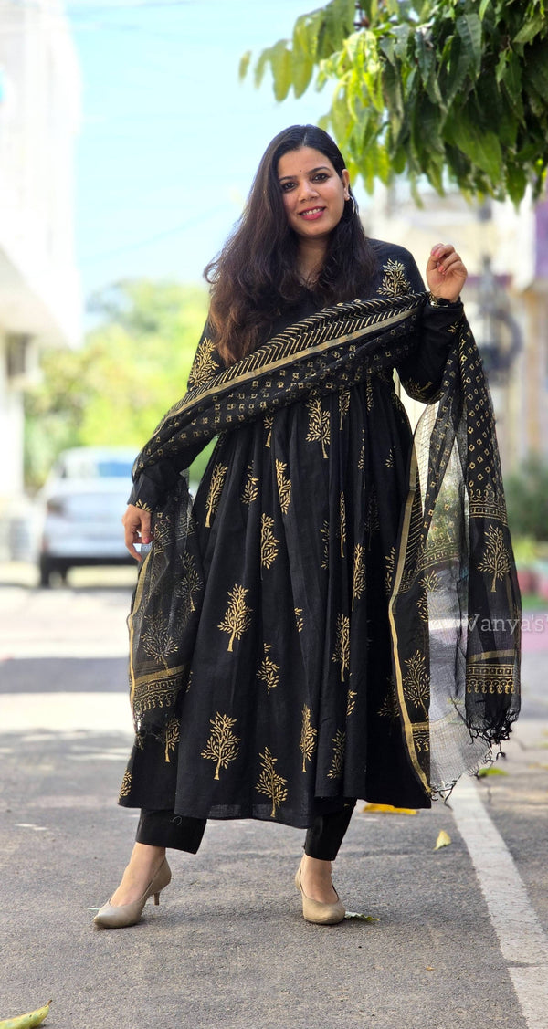 Kalini Black Gold Hand Block Anarkali Suit Sets