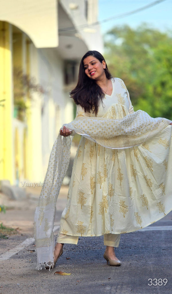 Kalini Cream Gold Hand Block Anarkali Suit Sets