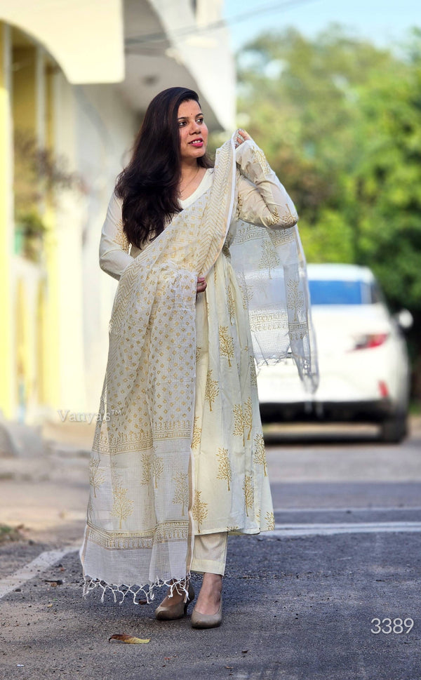 Kalini Cream Gold Hand Block Anarkali Suit Sets