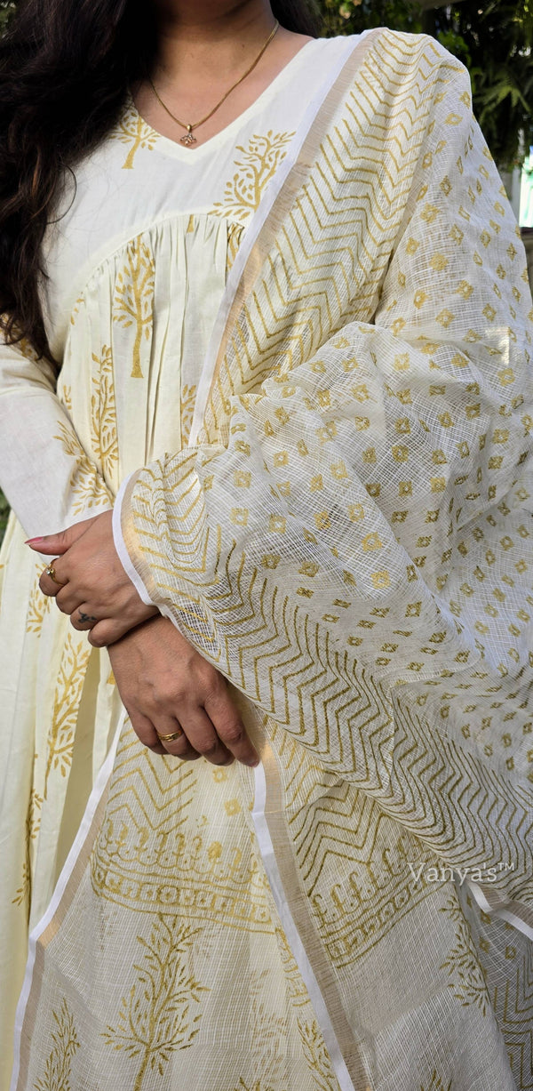 Kalini Cream Gold Hand Block Anarkali Suit Sets