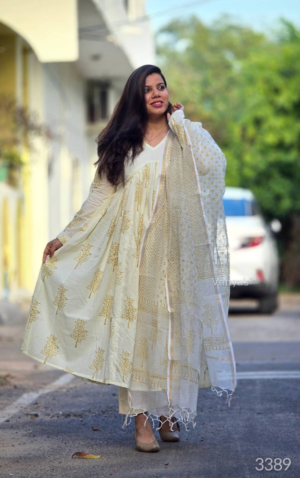 Kalini Cream Gold Hand Block Anarkali Suit Sets